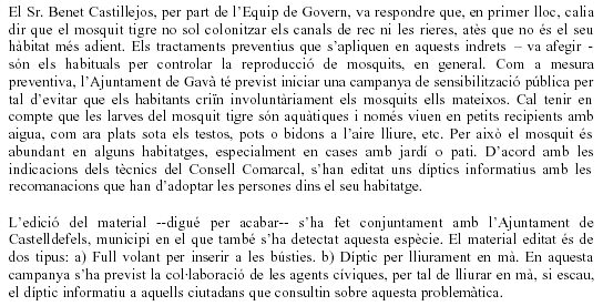 Resposta de l'equip de Govern de l'Ajuntament de Gavà sobre les mesures preses per aquest Ajuntament davant l'arribada del mosquit tigre a Gavà (26 de Juliol de 2007)